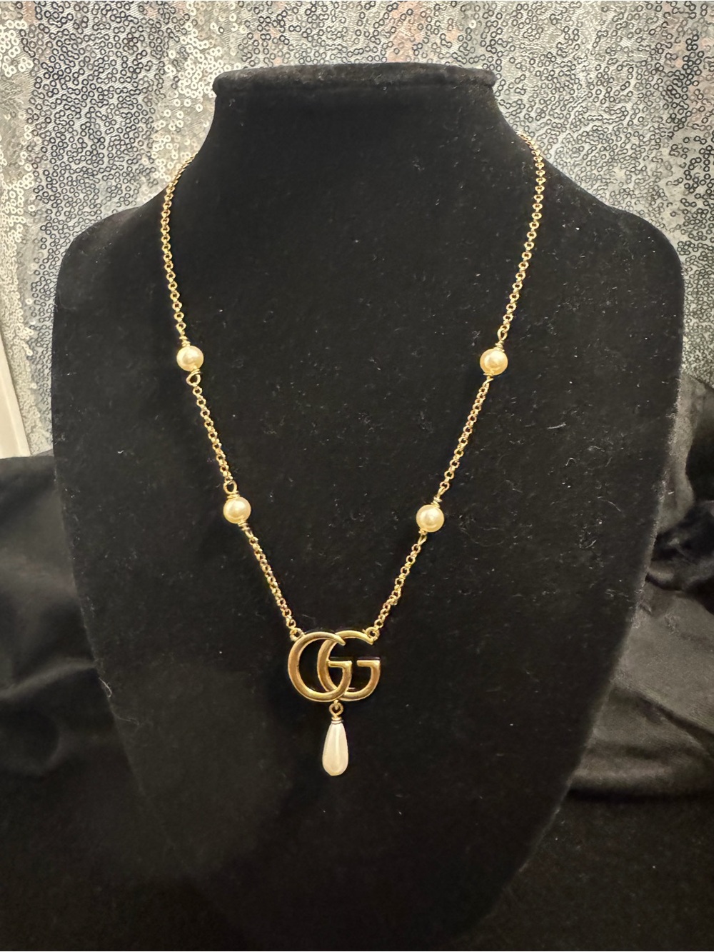 Gucci Gold-Tone Double G Necklace with Pearl Accents